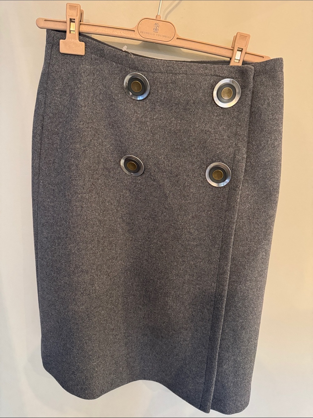Stella McCartney Gray Wool-Blend A-Line Wrap Skirt with Brass Eyelet Buttons